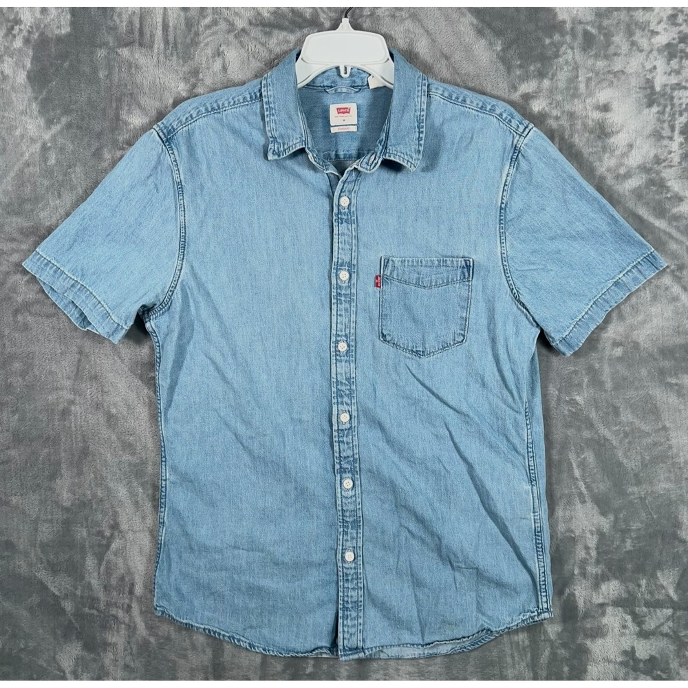 Levis Short Sleeve Classic Denim Look Shirt Mens Medium Blue Pocket Button Up